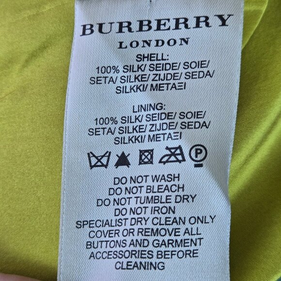 Burberry London Size 4 100% Silk Chartreuse Green Dress 3/4 Sleeve Pleat Detail - Picture 9 of 11